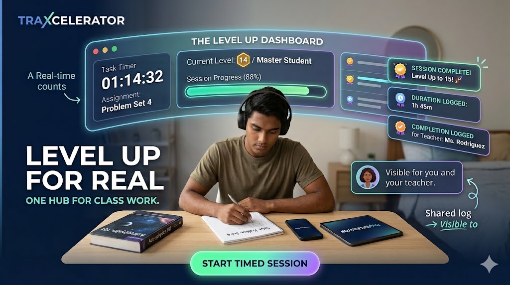 Traxcelerator — timed class work, visible progress, and a shared log for you and your teacher.